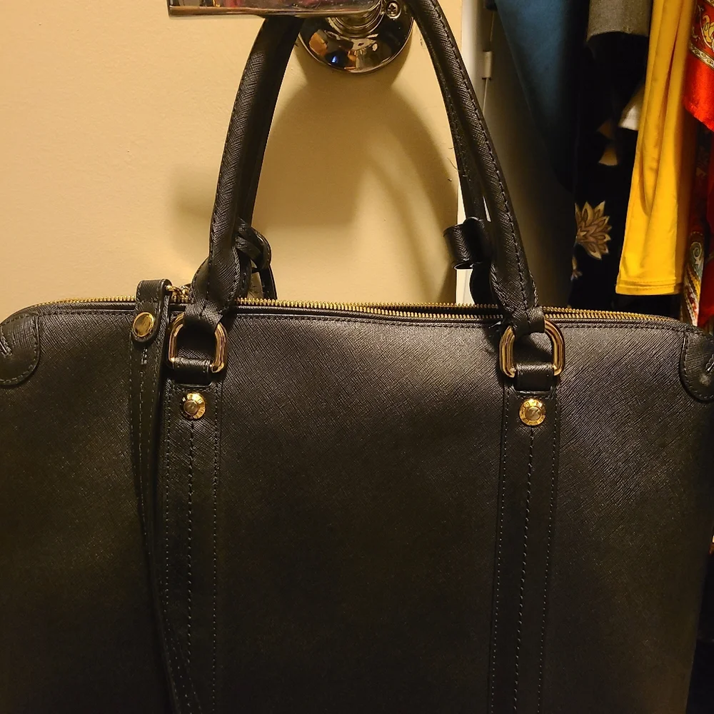 henri bendel Black Saffiano Leather Laptop Tote with Gold Hardware